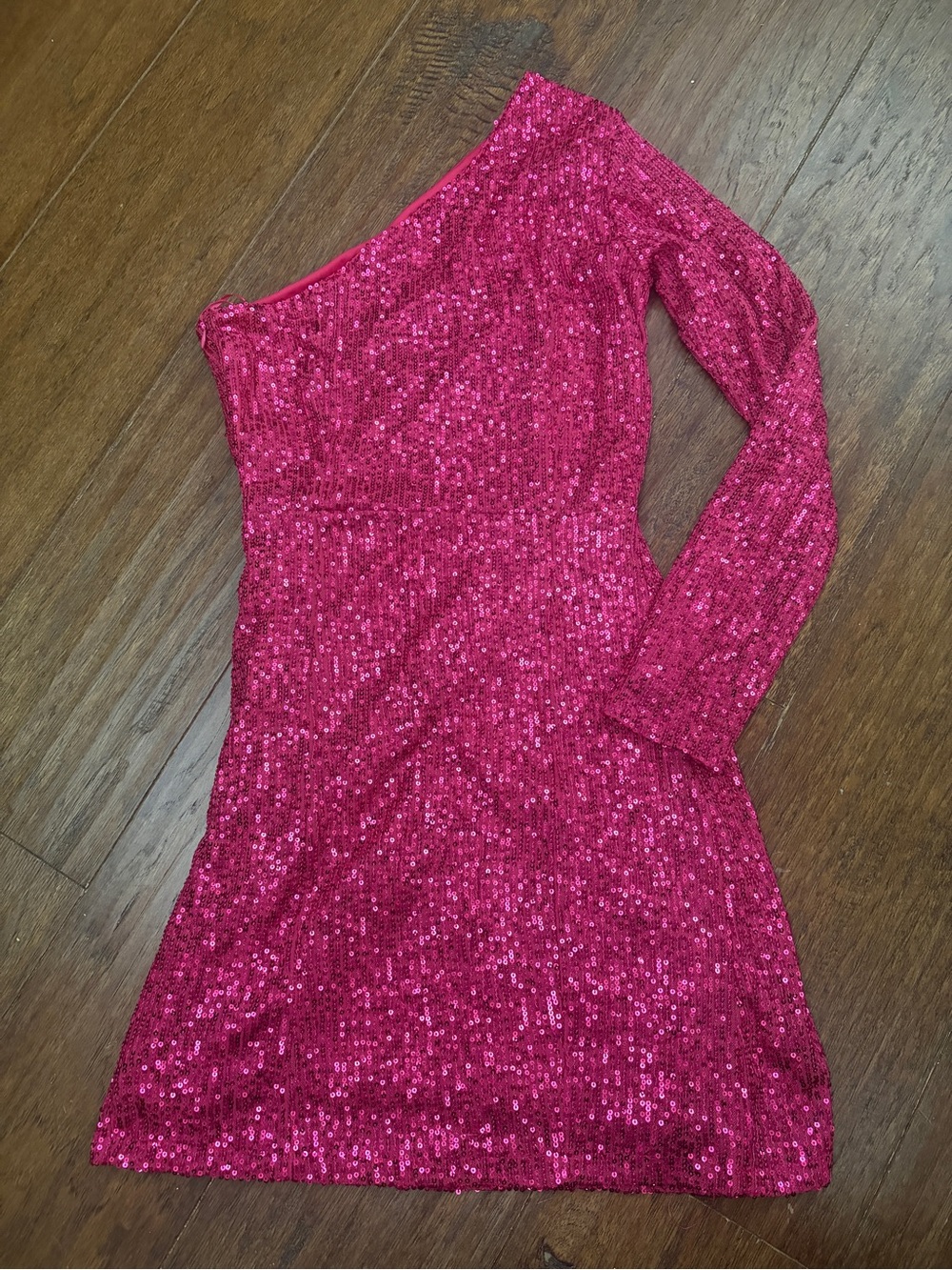 Aqua One-Shoulder Sequin Mini Dress in Hot Pink